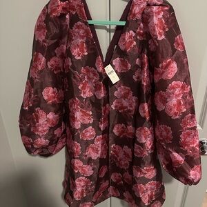 BHLDN Aliana Long-Sleeve V-Neck Floral
Organza Mini Dress